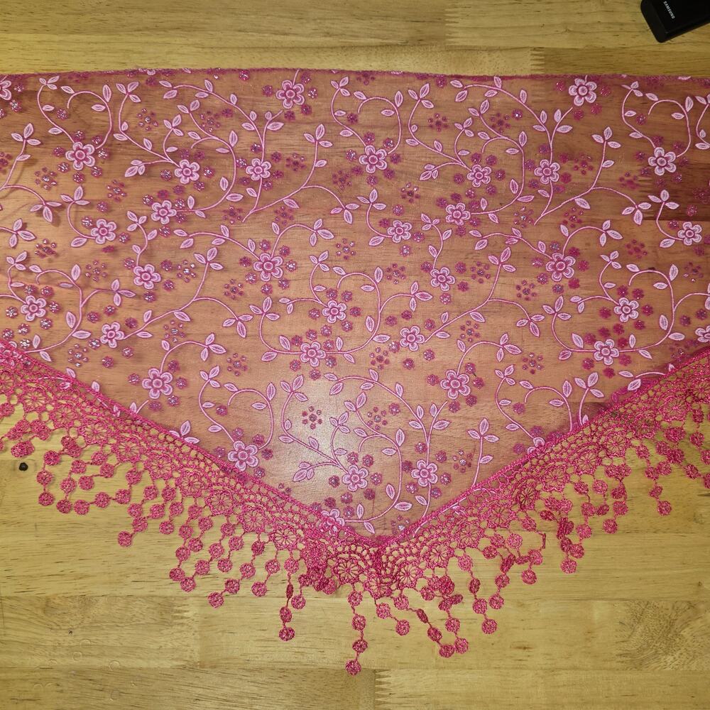 Pink Cottagecore Head Scarf Bandana Lace Floral Sparkly